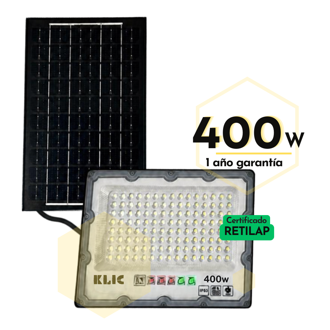 REFLECTOR LED SOLAR 400W CON PANEL SOLAR Y CONTROL REMOTO